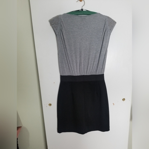 Allen B Military Inspired 2 Tone Mini Dress, Capped Studded Sleeves Black Gray M - Picture 7 of 9